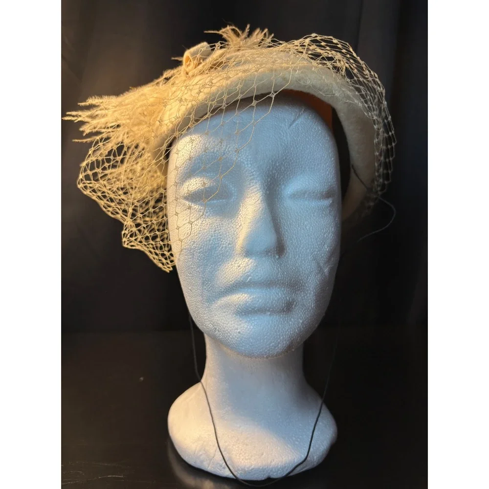 Vintage Cream Wool Felt Pillbox Hat with Veil Bow and Ostrich Feathers Ivory